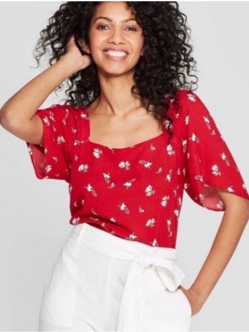 a new day Red Floral Square-Neck Blouse with Flutter Sleeves